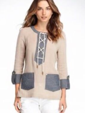 Tory Burch beige linen 3/4 sleeve top with denim accents and lace up front, 6
